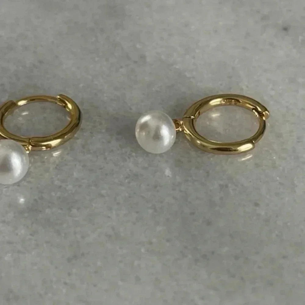 COPY - Gold Pearl Dangle Huggie Hoop Earrings
